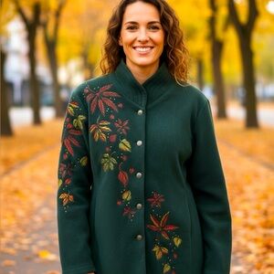 Bob Mackie Dark Green Fleece Jacket with Leaf Embroidery Size M